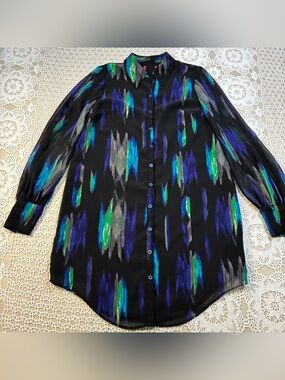 Kirna Zabete Womens Button Down Tunic Top Shirt Dress Silk Abstract Multi Size